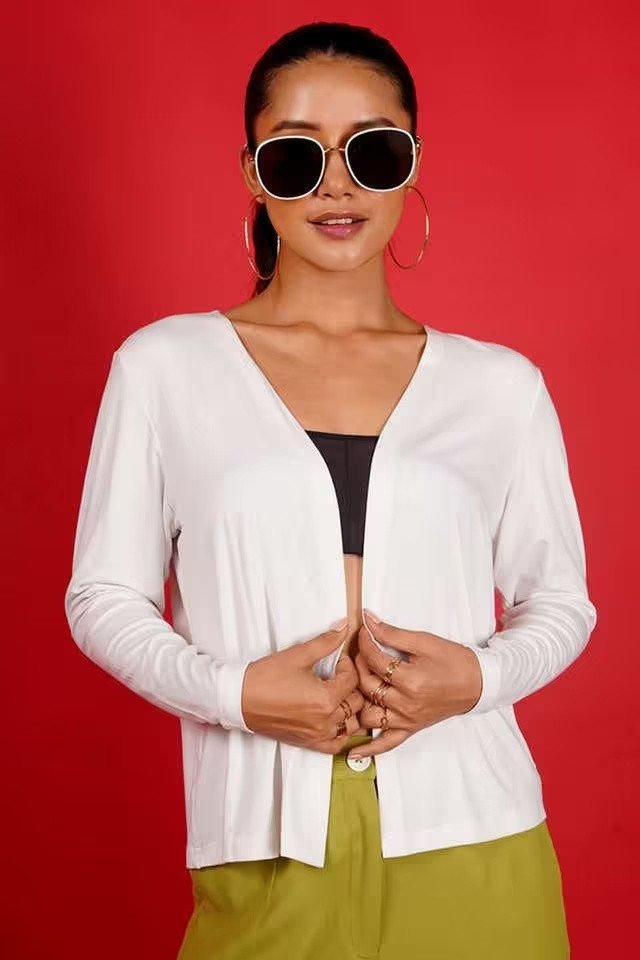 White V-Neck Blended Fabric Women's Casual Wear Shrug