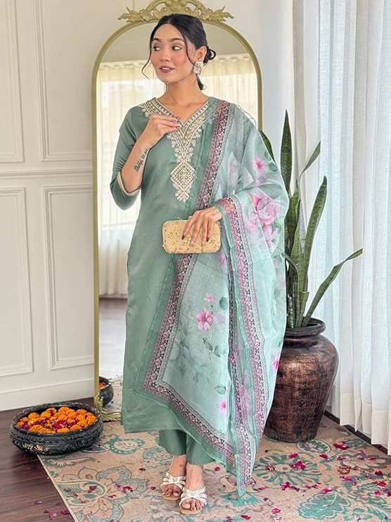 Rayon Embroidered Straight Kurta with Pant and Dupatta Sets (Available in Plus Size)