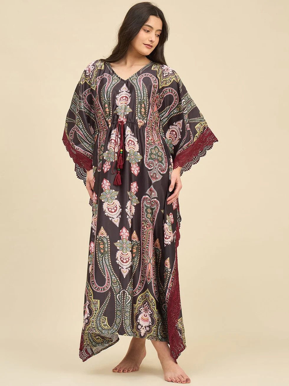 Charcoal Satin Nightwear Kaftan with Paisley Print